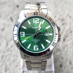 Casio MTP-VD01D-3B Green Dial Analog Stainless Steel Quartz Men's Casual Watch